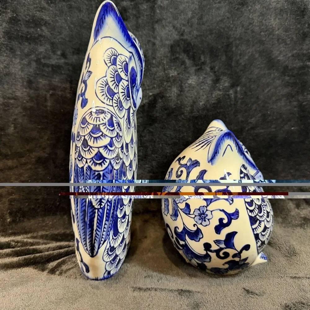 Pier 1 Imports Retired Chinoiserie Owl Decor Large Figurines Set of 2 Ceramic
